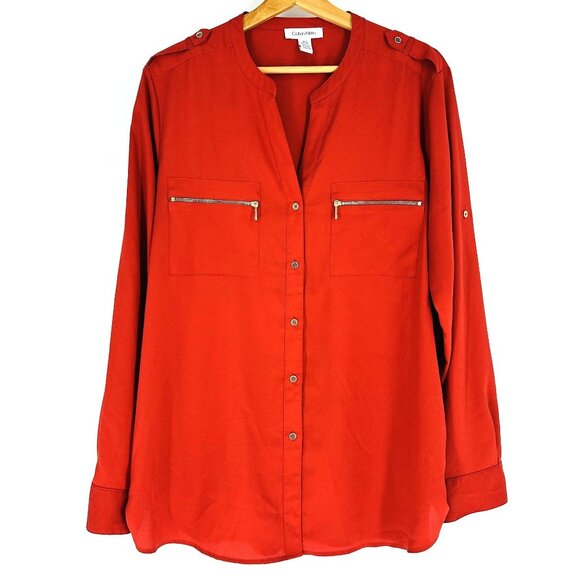 Calvin Klein Red Orange Modern Essential Notch Neck Button Down Long Sleeve Shir - Picture 4 of 12